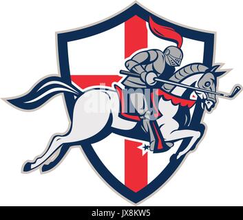 Illustration of an English knight in full armor riding a horse armed with golf club like a lance and England flag in background done in retro style. Stock Vector