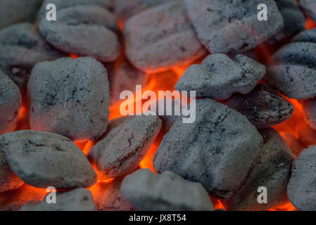 white hot charcoal briquettes on grill in summertime Stock Photo