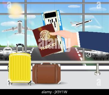 hand hold passport and boarding pass in airport Stock Vector