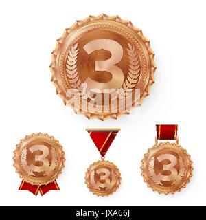 Champion Bronze Medals Set Vector. Metal Realistic 3rd Placement Winner Achievement. Number Three. Round Medal With Red Ribbon. Stock Vector