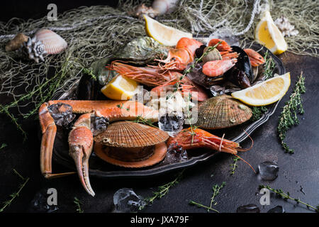 Seafood chilled on a plate with ice and lemon wedges on dark background. Closeup view selective focus Stock Photo