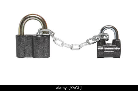 Two locked padlocks and metal chain on white background. Isolated with clipping path Stock Photo