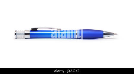 Modern plastic blue ballpoint pen isolated on white background with clipping path Stock Photo