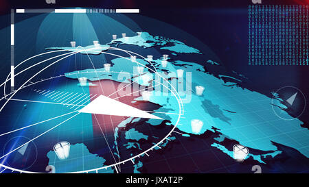 Futuristic 3D illustration of the light blue world Internet map with a huge compass and a hemisphere over it, rows of bits with one and zero figures, 