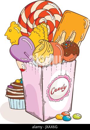 Sweets and candies in paper box. Muffin and chocolate. Vector illustration Stock Vector