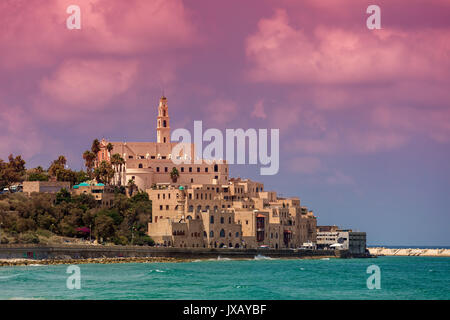 View of old houses, St Peter's belfry and Mediterranean sea in Jaffa, Israel. Stock Photo