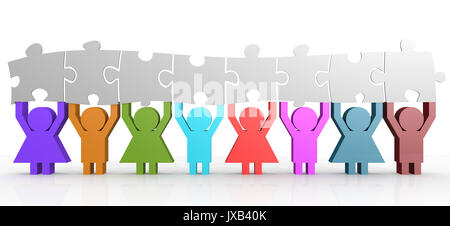 Eight people hold puzzle in a line image, 3D rendering Stock Photo
