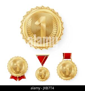 Champion Bronze Medals Set Vector. Metal Realistic 3rd Placement Winner Achievement. Number Three. Round Medal With Red Ribbon. Relief Detail. Best Challenge Award Sport Competition Game Copper Trophy Stock Vector