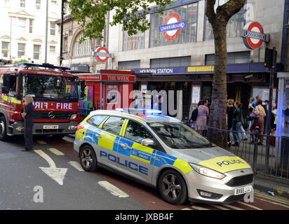 Emergency services outside a closed Holborn Underground station in London where engineers are checking a faulty train. Stock Photo