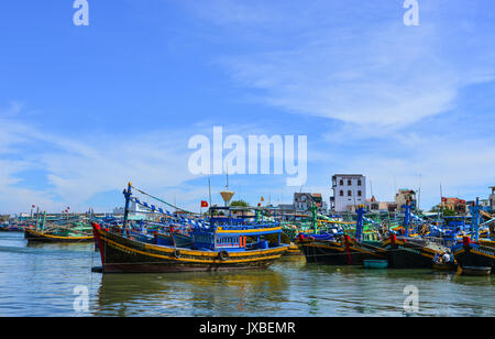 Phan Thiet, Vietnam - Mar 26, 2017. Fishing boats at sunny day in Phan Thiet, Vietnam. Phan Thiet belongs to Binh Thuan province and located 200km Sou Stock Photo