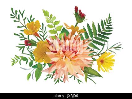 Flower bunch airy wreath bouquet of garden yellow primrose orange Dahlia red calendula flowers forest fern green leaf eucalyptus greenery mix. Wedding Stock Vector