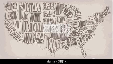 Blank similar high detailed decorative USA map on white background. United States of America country with lettering text state names inscriptions. Vec Stock Vector