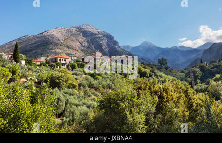 View up to Chora village in Exhohori on the edge of the Taygetos mountain range in the Peloponnese Stock Photo