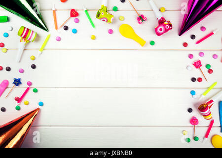 Colorful Birthday decorations on wooden background. Birthday party supplies  with copy space. Concept of childrens Birthday party Stock Photo - Alamy