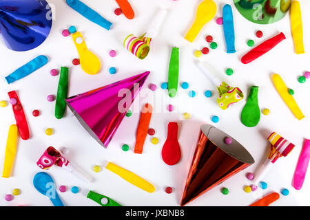 party accessories and decorations on white background. top view Stock Photo
