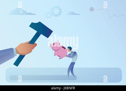 Business Man Hand Hitting Piggy Bank With Hammer Stock Vector