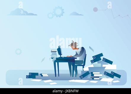 Business Man Working On Computer Overloaded Documents Paperwork Problem Concept Stock Vector