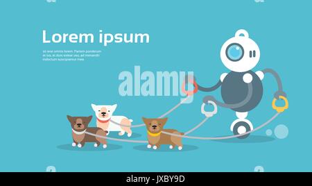 Modern Robot Walking With Dogs Artificial Intelligence Technology Concept Stock Vector