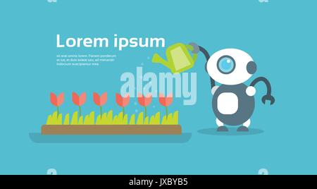 Modern Robot Watering Flowers Artificial Intelligence Technology Concept Stock Vector