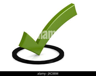 Green tick in the black round box, 3D rendering Stock Photo