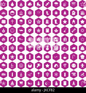 100 christmas icons hexagon violet Stock Vector
