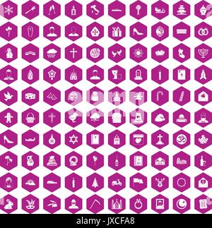 100 church icons hexagon violet Stock Vector