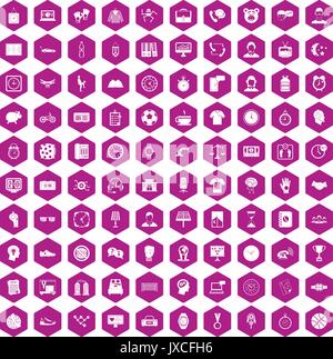 100 clock icons hexagon violet Stock Vector