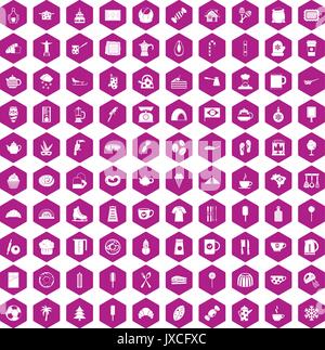 100 coffee icons hexagon violet Stock Vector