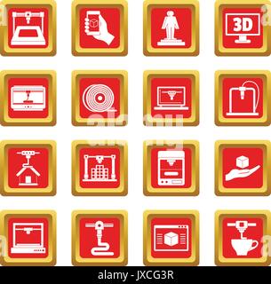 3D Printing icons set red Stock Vector