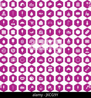 100 confectionery icons hexagon violet Stock Vector