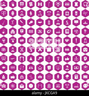 100 conference icons hexagon violet Stock Vector