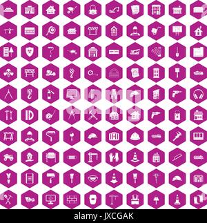100 construction icons hexagon violet Stock Vector