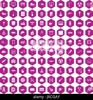 100 construction site icons hexagon violet Stock Vector