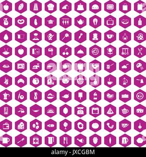 100 cooking icons hexagon violet Stock Vector
