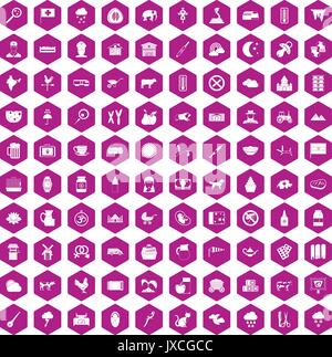 100 cow icons hexagon violet Stock Vector