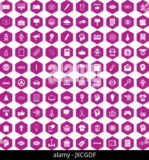 100 creative marketing icons hexagon violet Stock Vector