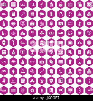 100 crime icons hexagon violet Stock Vector