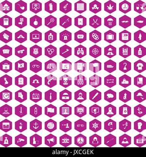 100 crime investigation icons hexagon violet Stock Vector
