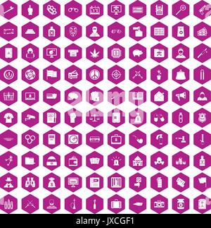 100 criminal offence icons hexagon violet Stock Vector