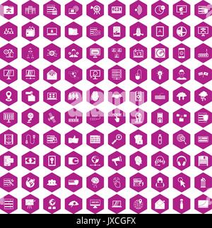 100 cyber security icons hexagon violet Stock Vector