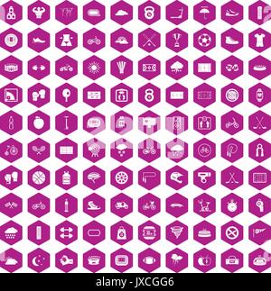 100 cycling icons hexagon violet Stock Vector