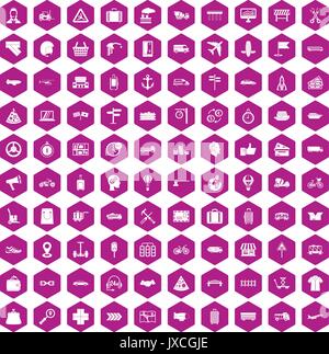 100 delivery icons hexagon violet Stock Vector
