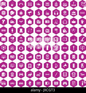 100 device app icons hexagon violet Stock Vector