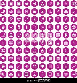 100 diagnostic icons hexagon violet Stock Vector