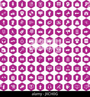 100 different gestures icons hexagon violet Stock Vector