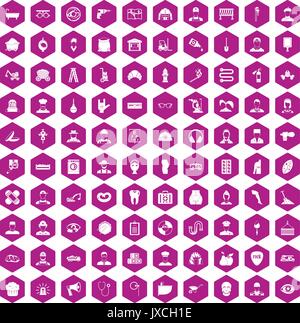 100 different professions icons hexagon violet Stock Vector
