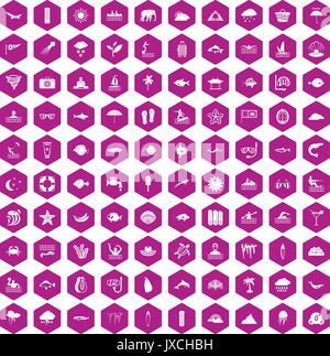 100 diving icons hexagon violet Stock Vector