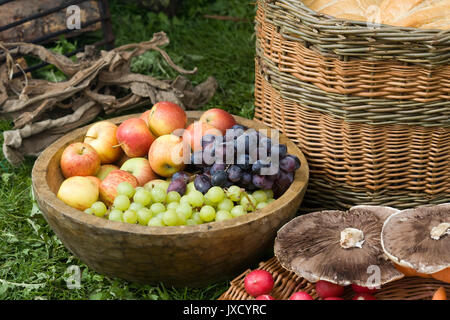 Table laden with fresh raw foods to feed the armies in an encampment Stock Photo