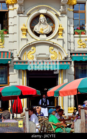 Brussels, Belgium. Grand Place: De Gulden Boot / La Chaloupe d'Or (Golden Ship) restaurant facade Stock Photo