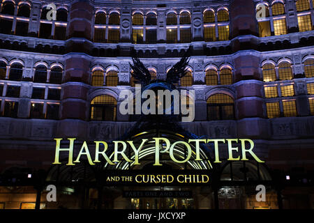 Harry Potter and the Cursed Child play at Palace Theatre in Deep blue and purple colours taken late twilight on Shaftesbury Avenue, London UK. Stock Photo